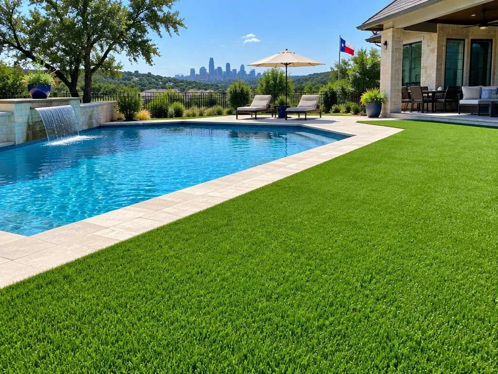 Clean artificial turf beside a pool and shaded backyard