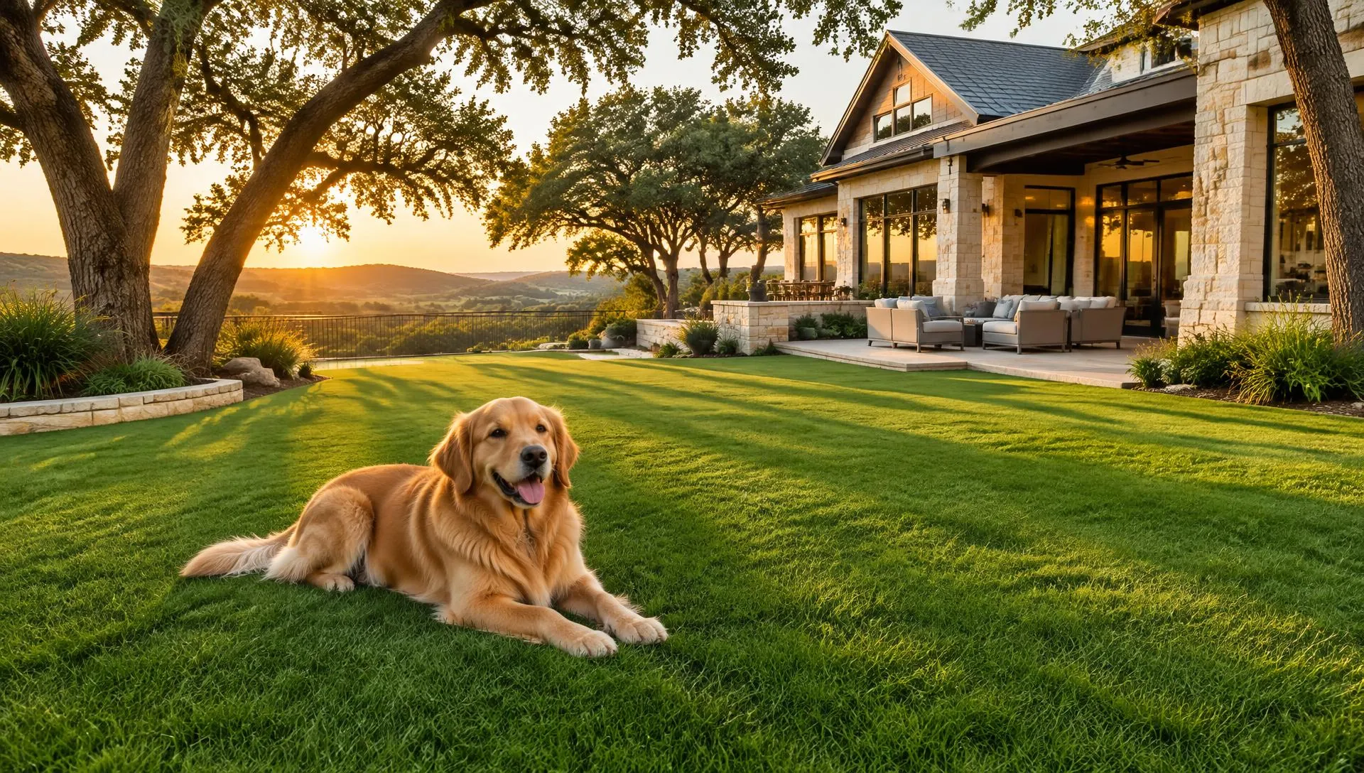 Freshly cleaned artificial turf backyard in Austin with a golden retriever relaxing on the lawn