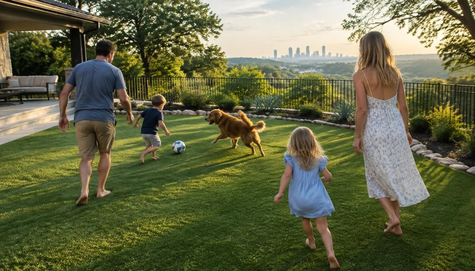 Family enjoying a clean artificial turf backyard